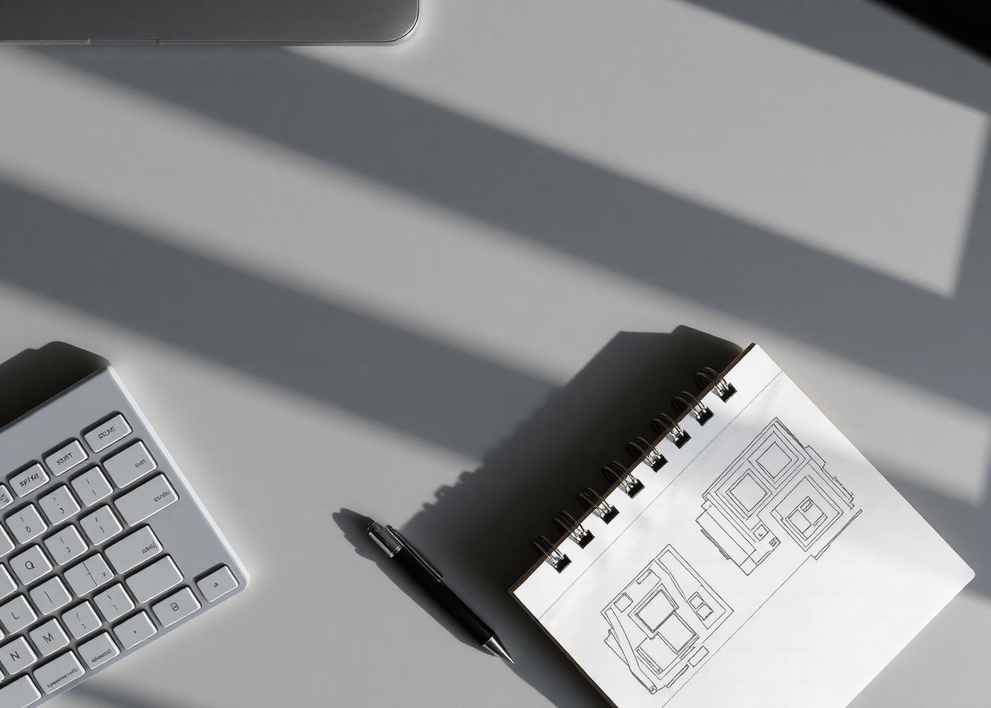 Overhead view of a quiet workspace with a keyboard and a notebook of interface wireframes